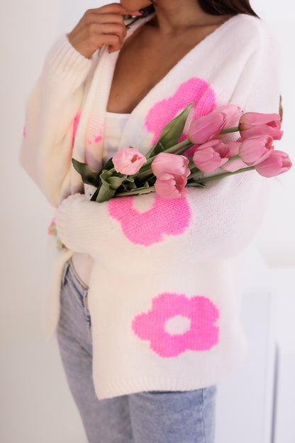 Krátky kardigan s kvetmi bielo-ružový