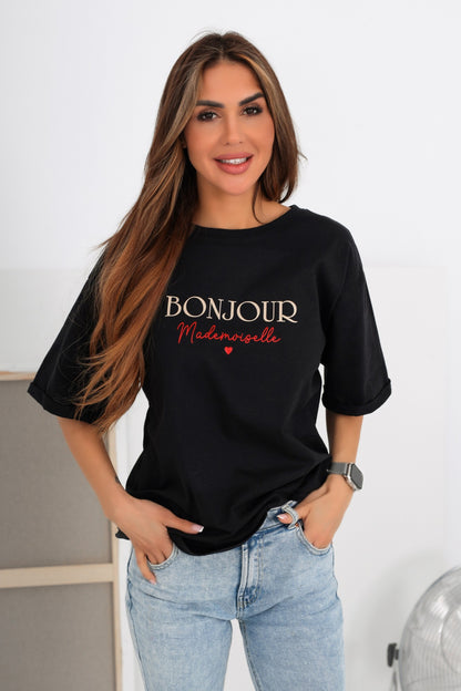 Bavlnené tričko Bonjour Mademoiselle čierne